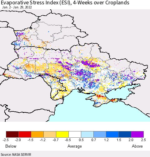 Ukraine, Moldova and Belarus Evaporative Stress Index (ESI), 4-Weeks over Croplands Thematic Map For 1/24/2022 - 1/30/2022