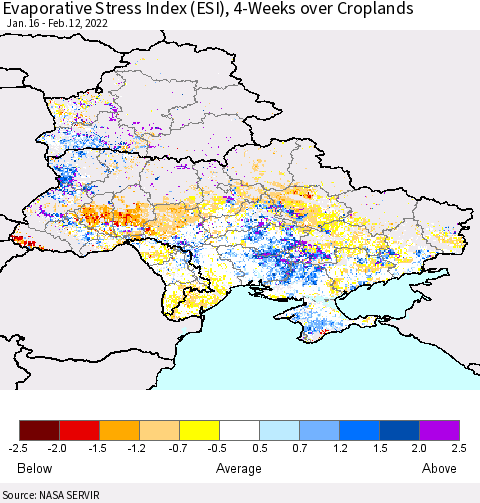 Ukraine, Moldova and Belarus Evaporative Stress Index (ESI), 4-Weeks over Croplands Thematic Map For 2/7/2022 - 2/13/2022