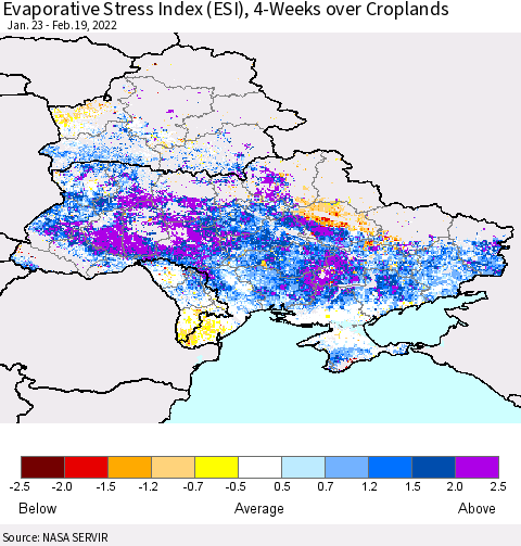 Ukraine, Moldova and Belarus Evaporative Stress Index (ESI), 4-Weeks over Croplands Thematic Map For 2/14/2022 - 2/20/2022
