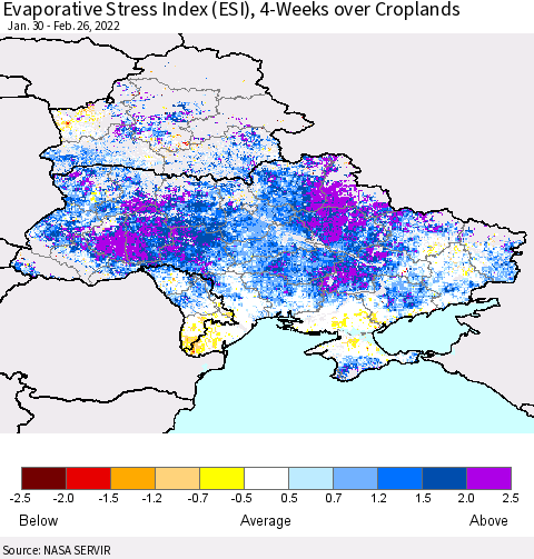 Ukraine, Moldova and Belarus Evaporative Stress Index (ESI), 4-Weeks over Croplands Thematic Map For 2/21/2022 - 2/27/2022
