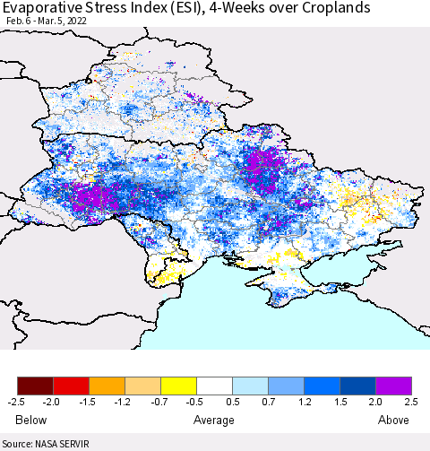 Ukraine, Moldova and Belarus Evaporative Stress Index (ESI), 4-Weeks over Croplands Thematic Map For 2/28/2022 - 3/6/2022