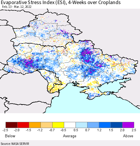 Ukraine, Moldova and Belarus Evaporative Stress Index (ESI), 4-Weeks over Croplands Thematic Map For 3/7/2022 - 3/13/2022