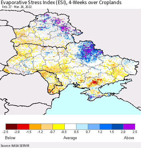 Ukraine, Moldova and Belarus Evaporative Stress Index (ESI), 4-Weeks over Croplands Thematic Map For 3/21/2022 - 3/27/2022