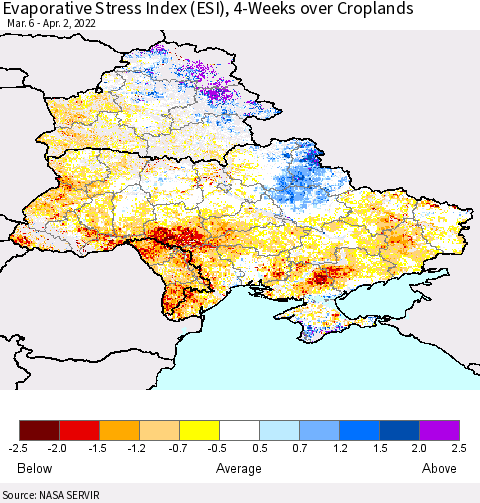 Ukraine, Moldova and Belarus Evaporative Stress Index (ESI), 4-Weeks over Croplands Thematic Map For 3/28/2022 - 4/3/2022
