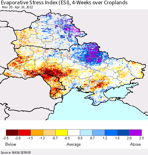 Ukraine, Moldova and Belarus Evaporative Stress Index (ESI), 4-Weeks over Croplands Thematic Map For 4/11/2022 - 4/17/2022