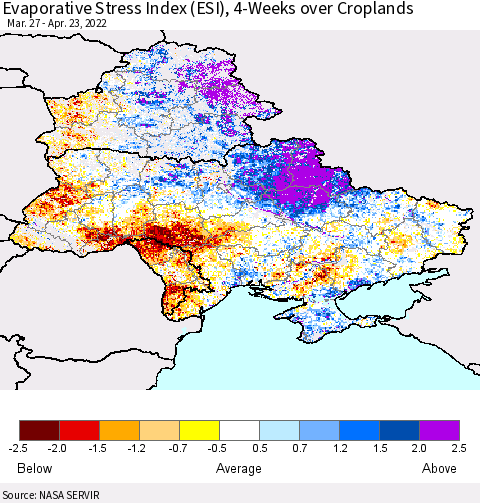 Ukraine, Moldova and Belarus Evaporative Stress Index (ESI), 4-Weeks over Croplands Thematic Map For 4/18/2022 - 4/24/2022