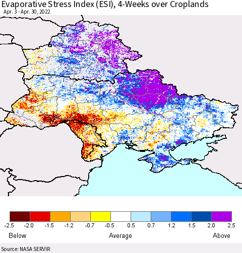 Ukraine, Moldova and Belarus Evaporative Stress Index (ESI), 4-Weeks over Croplands Thematic Map For 4/25/2022 - 5/1/2022