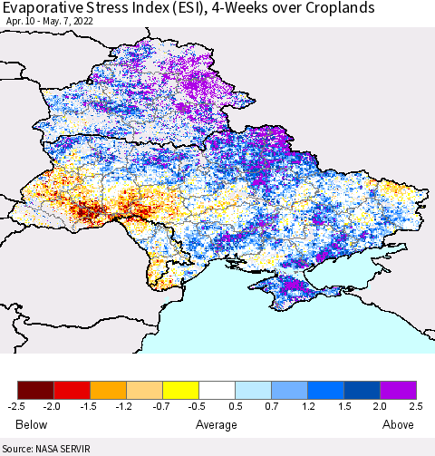 Ukraine, Moldova and Belarus Evaporative Stress Index (ESI), 4-Weeks over Croplands Thematic Map For 5/2/2022 - 5/8/2022