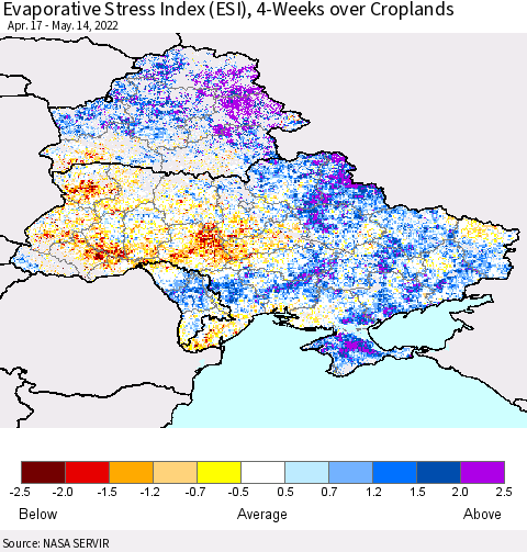 Ukraine, Moldova and Belarus Evaporative Stress Index (ESI), 4-Weeks over Croplands Thematic Map For 5/9/2022 - 5/15/2022