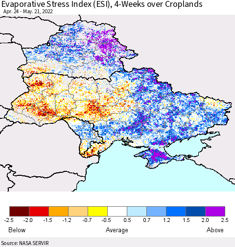 Ukraine, Moldova and Belarus Evaporative Stress Index (ESI), 4-Weeks over Croplands Thematic Map For 5/16/2022 - 5/22/2022