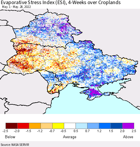 Ukraine, Moldova and Belarus Evaporative Stress Index (ESI), 4-Weeks over Croplands Thematic Map For 5/23/2022 - 5/29/2022