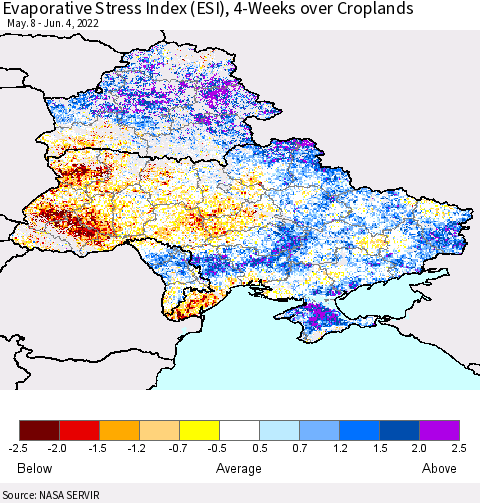 Ukraine, Moldova and Belarus Evaporative Stress Index (ESI), 4-Weeks over Croplands Thematic Map For 5/30/2022 - 6/5/2022