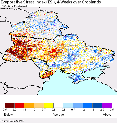 Ukraine, Moldova and Belarus Evaporative Stress Index (ESI), 4-Weeks over Croplands Thematic Map For 6/13/2022 - 6/19/2022