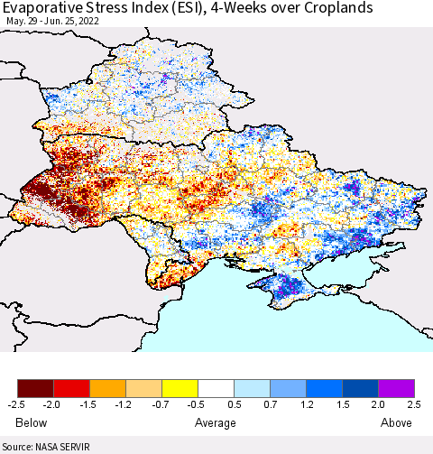 Ukraine, Moldova and Belarus Evaporative Stress Index (ESI), 4-Weeks over Croplands Thematic Map For 6/20/2022 - 6/26/2022