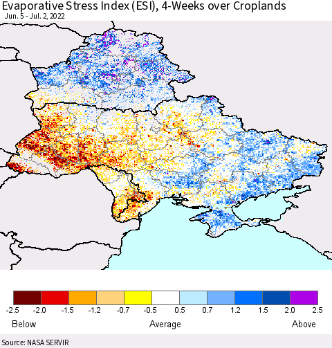 Ukraine, Moldova and Belarus Evaporative Stress Index (ESI), 4-Weeks over Croplands Thematic Map For 6/27/2022 - 7/3/2022