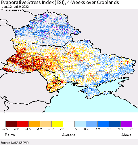 Ukraine, Moldova and Belarus Evaporative Stress Index (ESI), 4-Weeks over Croplands Thematic Map For 7/4/2022 - 7/10/2022