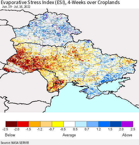 Ukraine, Moldova and Belarus Evaporative Stress Index (ESI), 4-Weeks over Croplands Thematic Map For 7/11/2022 - 7/17/2022