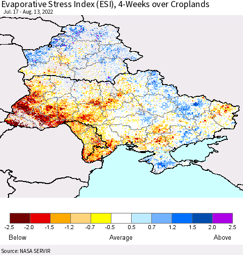Ukraine, Moldova and Belarus Evaporative Stress Index (ESI), 4-Weeks over Croplands Thematic Map For 8/8/2022 - 8/14/2022