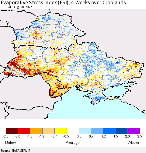 Ukraine, Moldova and Belarus Evaporative Stress Index (ESI), 4-Weeks over Croplands Thematic Map For 8/15/2022 - 8/21/2022