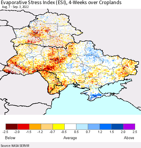 Ukraine, Moldova and Belarus Evaporative Stress Index (ESI), 4-Weeks over Croplands Thematic Map For 8/29/2022 - 9/4/2022