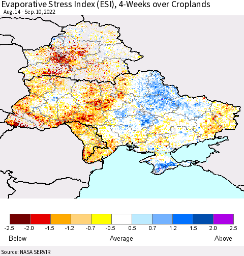 Ukraine, Moldova and Belarus Evaporative Stress Index (ESI), 4-Weeks over Croplands Thematic Map For 9/5/2022 - 9/11/2022