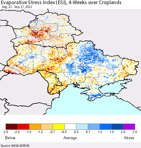 Ukraine, Moldova and Belarus Evaporative Stress Index (ESI), 4-Weeks over Croplands Thematic Map For 9/12/2022 - 9/18/2022