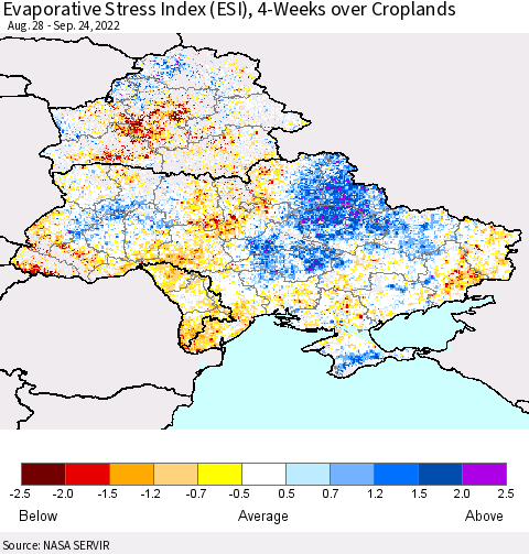 Ukraine, Moldova and Belarus Evaporative Stress Index (ESI), 4-Weeks over Croplands Thematic Map For 9/19/2022 - 9/25/2022