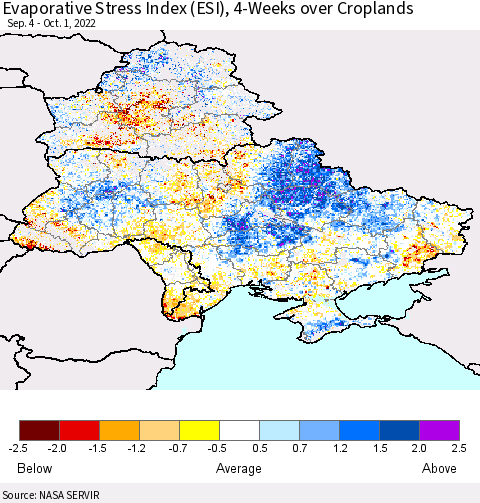Ukraine, Moldova and Belarus Evaporative Stress Index (ESI), 4-Weeks over Croplands Thematic Map For 9/26/2022 - 10/2/2022