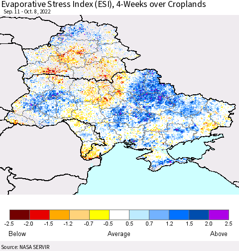 Ukraine, Moldova and Belarus Evaporative Stress Index (ESI), 4-Weeks over Croplands Thematic Map For 10/3/2022 - 10/9/2022