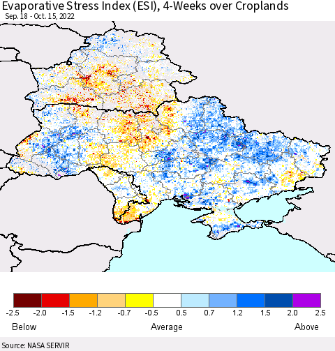 Ukraine, Moldova and Belarus Evaporative Stress Index (ESI), 4-Weeks over Croplands Thematic Map For 10/10/2022 - 10/16/2022