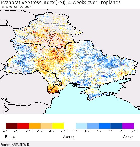 Ukraine, Moldova and Belarus Evaporative Stress Index (ESI), 4-Weeks over Croplands Thematic Map For 10/17/2022 - 10/23/2022