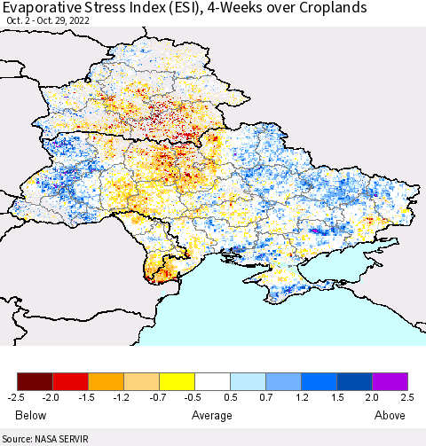 Ukraine, Moldova and Belarus Evaporative Stress Index (ESI), 4-Weeks over Croplands Thematic Map For 10/24/2022 - 10/30/2022