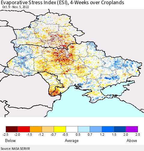 Ukraine, Moldova and Belarus Evaporative Stress Index (ESI), 4-Weeks over Croplands Thematic Map For 10/31/2022 - 11/6/2022