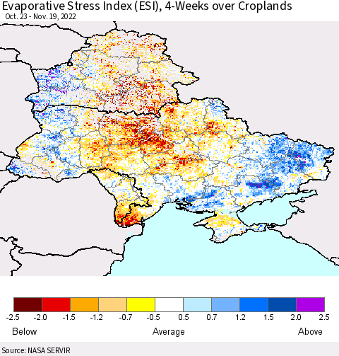 Ukraine, Moldova and Belarus Evaporative Stress Index (ESI), 4-Weeks over Croplands Thematic Map For 11/14/2022 - 11/20/2022
