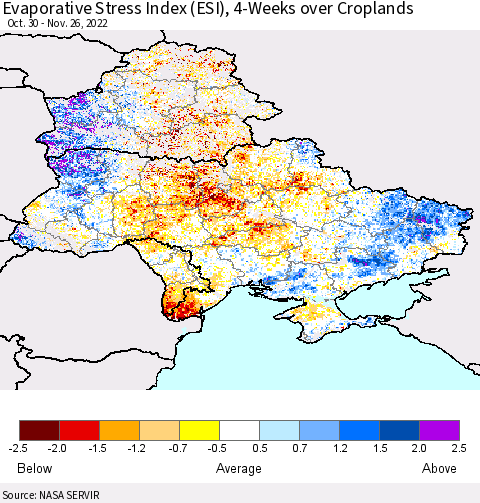 Ukraine, Moldova and Belarus Evaporative Stress Index (ESI), 4-Weeks over Croplands Thematic Map For 11/21/2022 - 11/27/2022