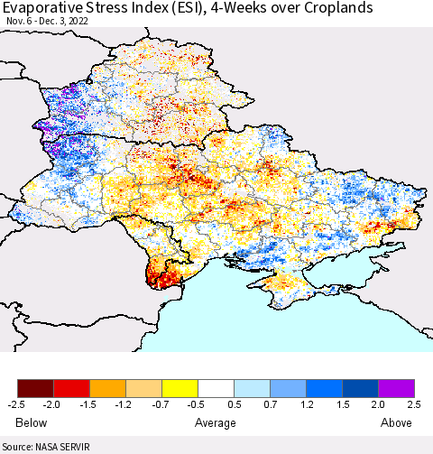 Ukraine, Moldova and Belarus Evaporative Stress Index (ESI), 4-Weeks over Croplands Thematic Map For 11/28/2022 - 12/4/2022