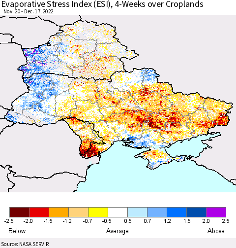 Ukraine, Moldova and Belarus Evaporative Stress Index (ESI), 4-Weeks over Croplands Thematic Map For 12/12/2022 - 12/18/2022