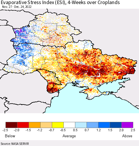 Ukraine, Moldova and Belarus Evaporative Stress Index (ESI), 4-Weeks over Croplands Thematic Map For 12/19/2022 - 12/25/2022