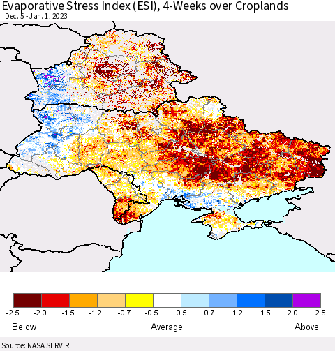Ukraine, Moldova and Belarus Evaporative Stress Index (ESI), 4-Weeks over Croplands Thematic Map For 12/26/2022 - 1/1/2023