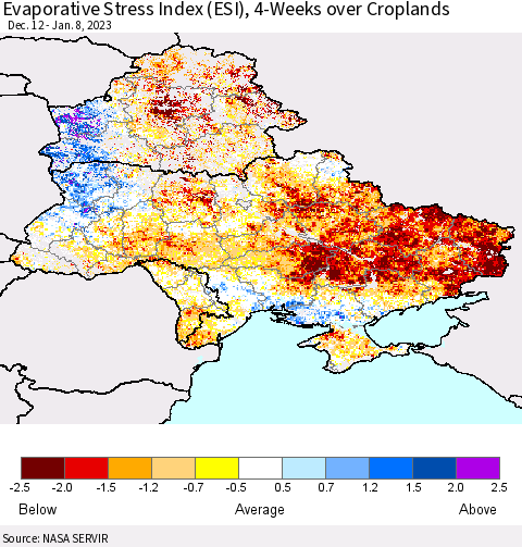 Ukraine, Moldova and Belarus Evaporative Stress Index (ESI), 4-Weeks over Croplands Thematic Map For 1/2/2023 - 1/8/2023