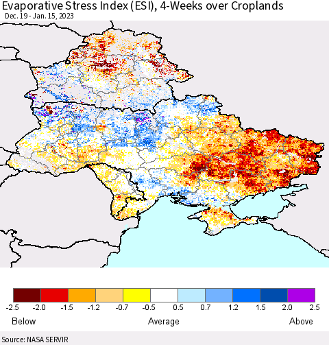 Ukraine, Moldova and Belarus Evaporative Stress Index (ESI), 4-Weeks over Croplands Thematic Map For 1/9/2023 - 1/15/2023