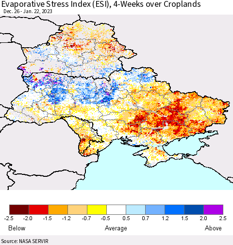 Ukraine, Moldova and Belarus Evaporative Stress Index (ESI), 4-Weeks over Croplands Thematic Map For 1/16/2023 - 1/22/2023