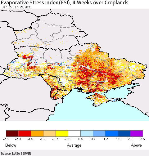 Ukraine, Moldova and Belarus Evaporative Stress Index (ESI), 4-Weeks over Croplands Thematic Map For 1/23/2023 - 1/29/2023