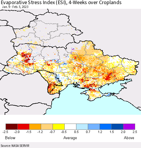 Ukraine, Moldova and Belarus Evaporative Stress Index (ESI), 4-Weeks over Croplands Thematic Map For 1/30/2023 - 2/5/2023