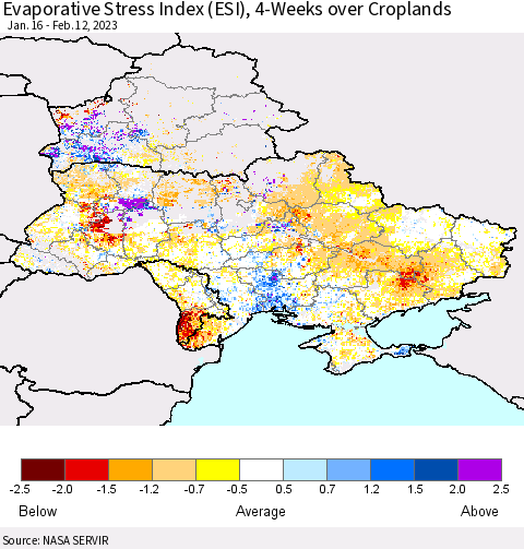 Ukraine, Moldova and Belarus Evaporative Stress Index (ESI), 4-Weeks over Croplands Thematic Map For 2/6/2023 - 2/12/2023