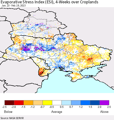 Ukraine, Moldova and Belarus Evaporative Stress Index (ESI), 4-Weeks over Croplands Thematic Map For 2/13/2023 - 2/19/2023
