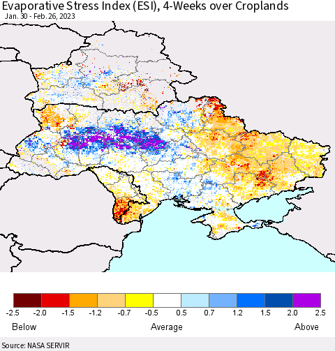 Ukraine, Moldova and Belarus Evaporative Stress Index (ESI), 4-Weeks over Croplands Thematic Map For 2/20/2023 - 2/26/2023