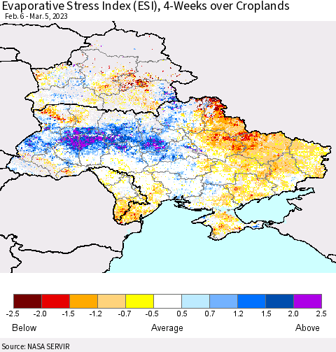 Ukraine, Moldova and Belarus Evaporative Stress Index (ESI), 4-Weeks over Croplands Thematic Map For 2/27/2023 - 3/5/2023