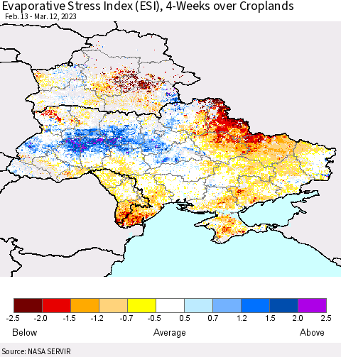 Ukraine, Moldova and Belarus Evaporative Stress Index (ESI), 4-Weeks over Croplands Thematic Map For 3/6/2023 - 3/12/2023