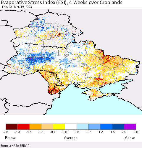 Ukraine, Moldova and Belarus Evaporative Stress Index (ESI), 4-Weeks over Croplands Thematic Map For 3/13/2023 - 3/19/2023